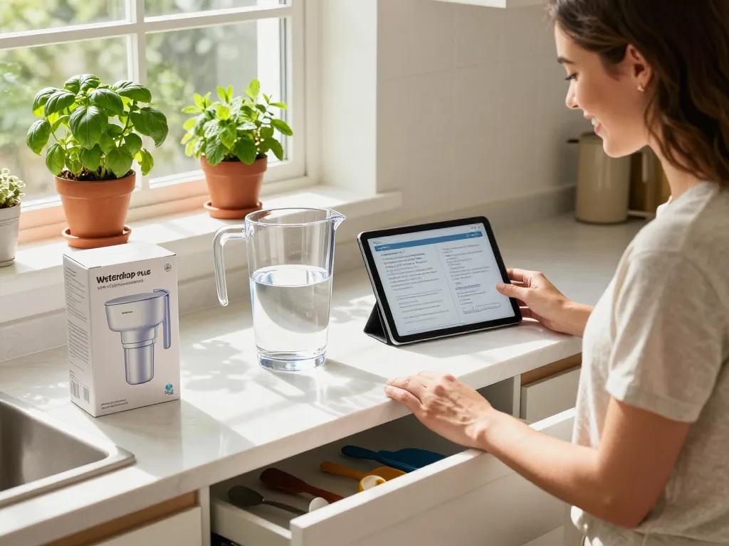 Home kitchen scene with Waterdrop Plus WDP-F19C Replacement for GE® RPWFE® filter installation, showcasing health-conscious living.