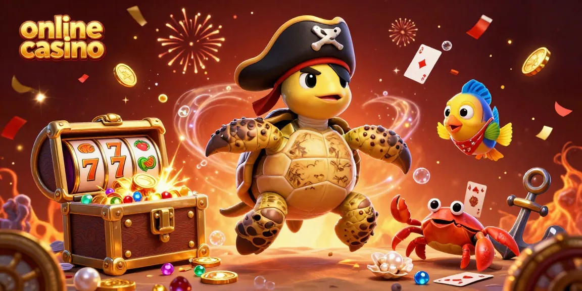 Experience the thrill of an online casino with a vibrant underwater scene featuring a pirate turtle and treasure.