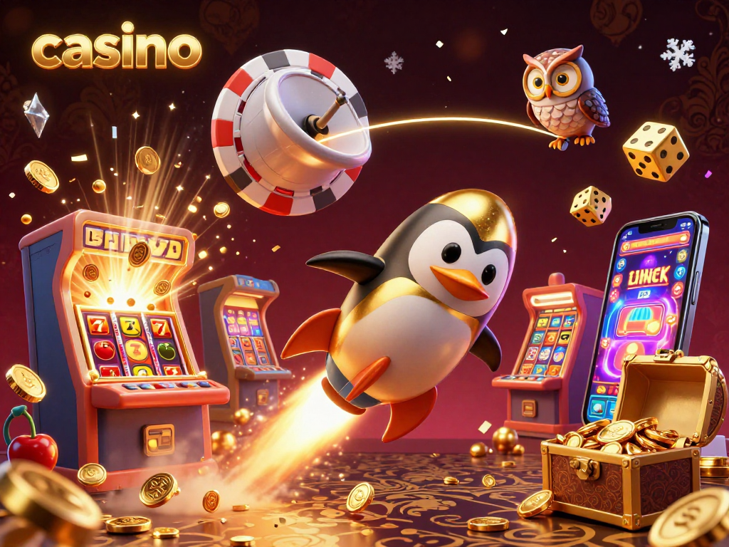 Experience the thrilling casino with a golden penguin flying to a poker chip station in space.
