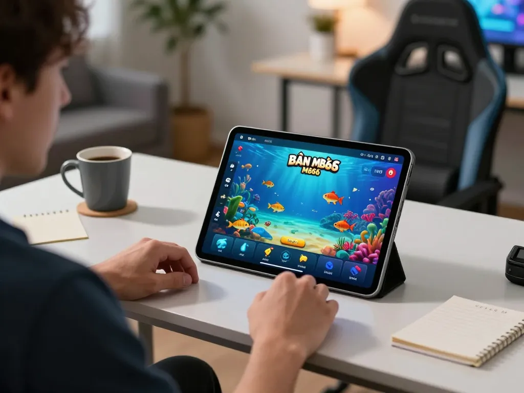 bắn cá mb66 gaming on tablet in a modern setting, showcasing strategic gameplay.
