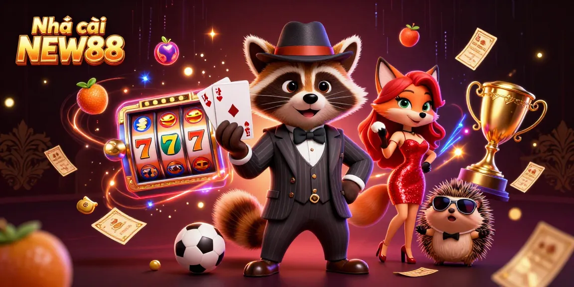 Experience the thrill of betting at Nhà cái NEW88 with a charming raccoon and fox in a dynamic casino scene.