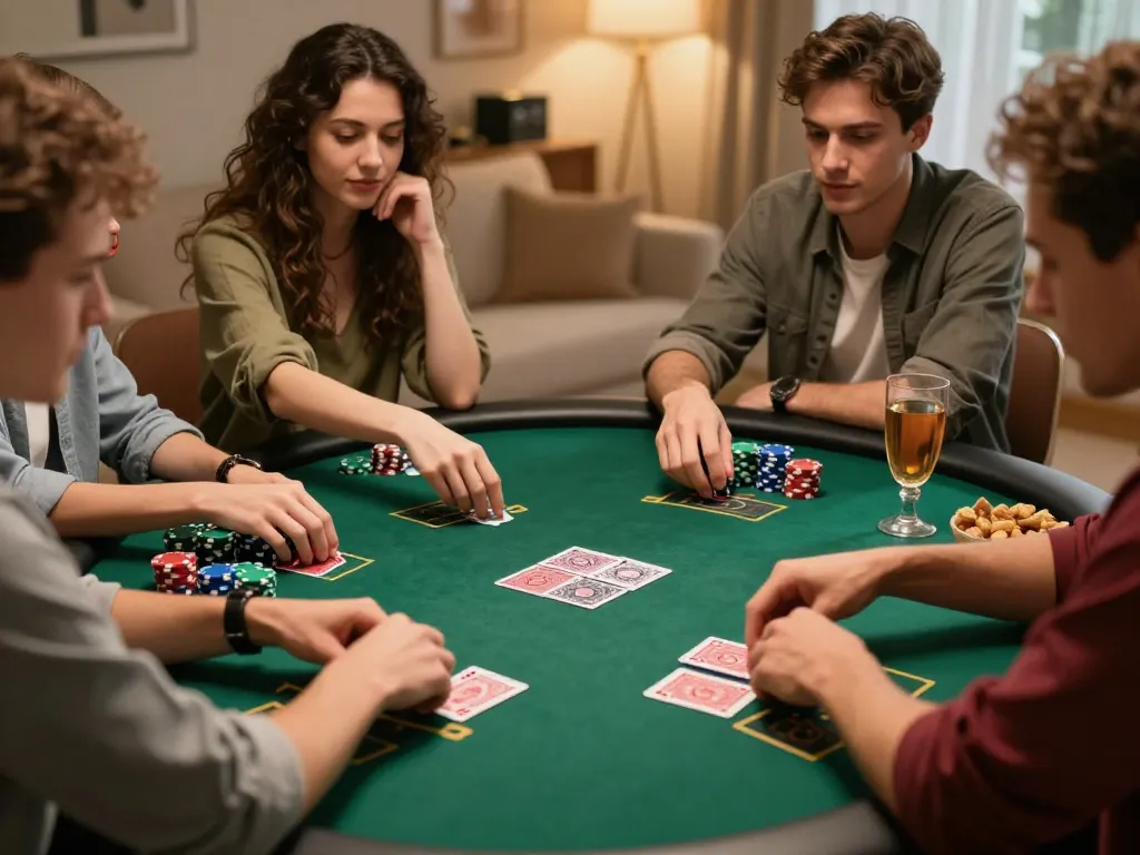 Friends enjoying a poker night while mastering strategies at a cozy home environment with slot depo 3k options.