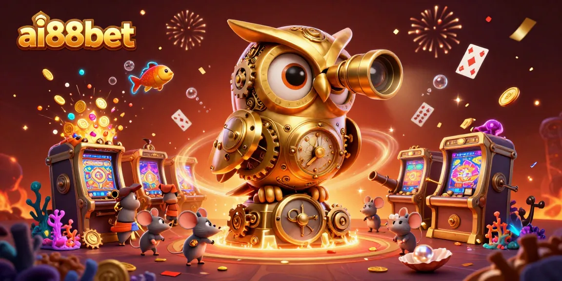 Experience thrilling gaming adventures at ai88bet with a vibrant casino scene illuminated by an owl guardian.