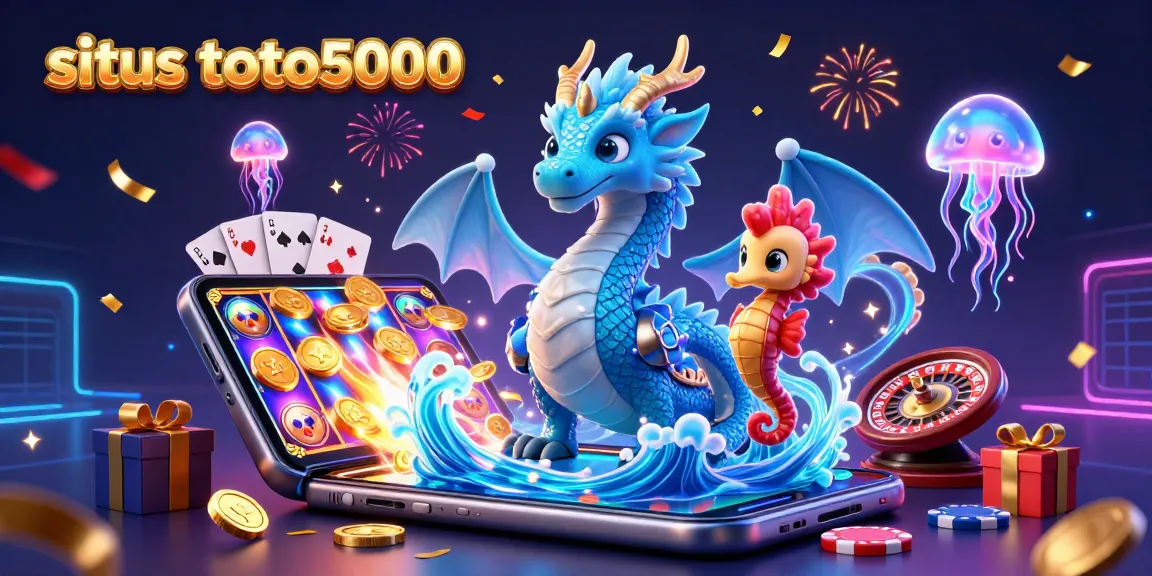 Engage with situs toto5000 as the azure water dragon and seahorse knight celebrate wins in a colorful casino scene.