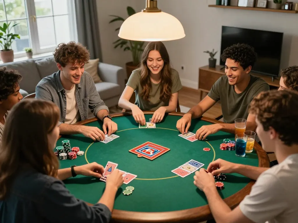 Friends playing poker at home, showcasing camaraderie and strategy in gaming while exploring trang chu lc88.