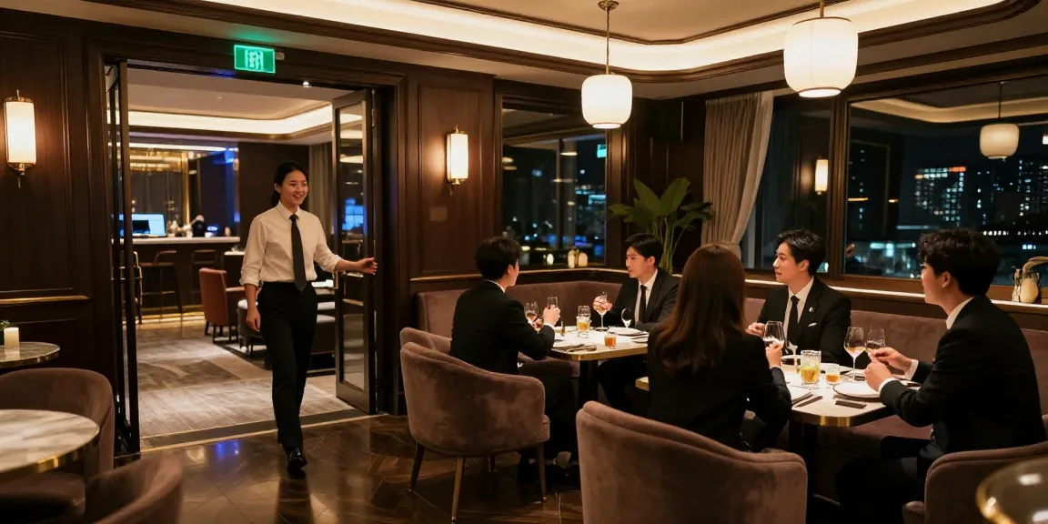 강남 타이밍의 고급스러운 내부와 매니저가 손님을 맞이하는 모습