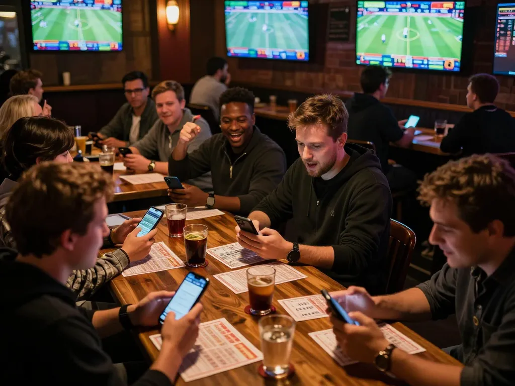 Excited patrons placing bets using okwin on their phones while watching live sports in a vibrant bar.