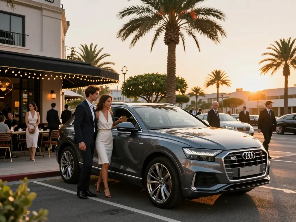 Dịch vụ cho thuê xe ô tô hạng sang với cho thuê xe ô tô hạng sang có một chiếc Audi Q8 trong bối cảnh đô thị cao cấp vào lúc hoàng hôn, cặp đôi phong cách bước ra.