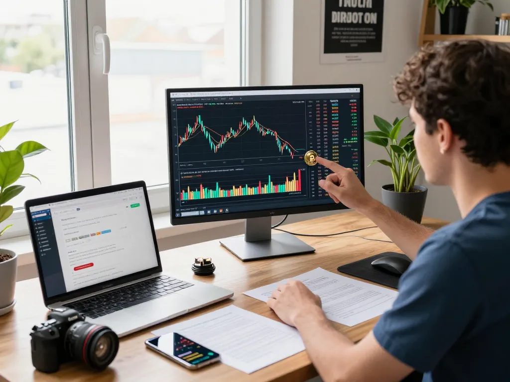 Analyzing passive income crypto opportunities in a modern home office setting.