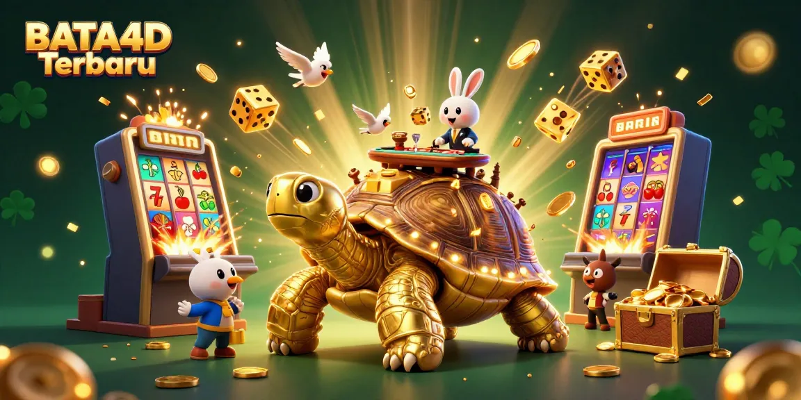 BATA4D Terbaru showcases a vibrant 3D illustration of a golden tortoise casino with rabbits dealing cards and golden coins flying around.