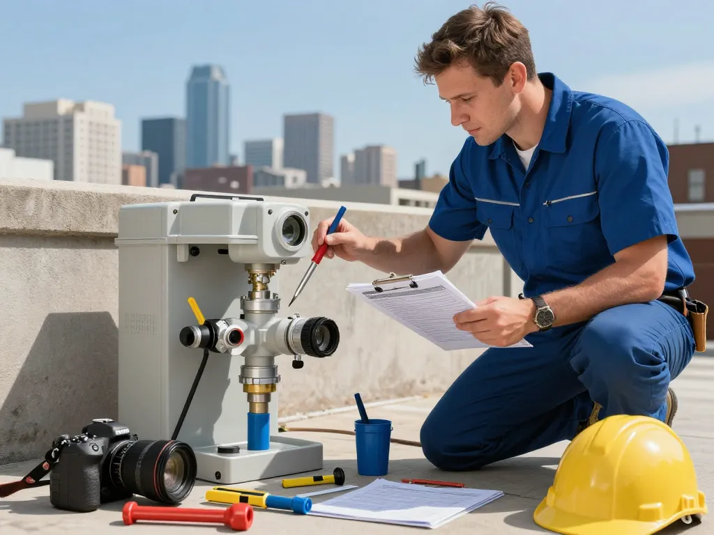Commercial backflow prevention service with licensed plumber inspecting a device, ensuring plumbing safety and compliance.