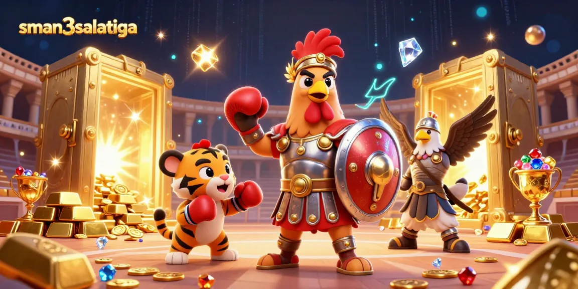 sman3salatiga menampilkan ayam jantan gladiator dan teman sparring dalam arena koloseum bertema perjudian.