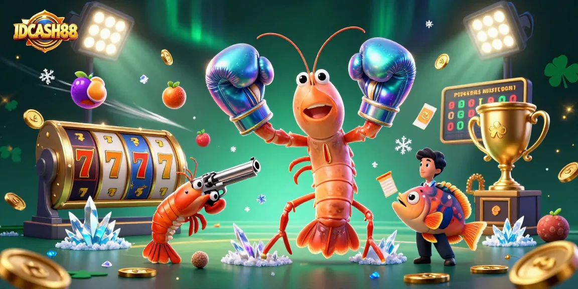 Join the action with IDCASH88 as the mantis shrimp boxes alongside vibrant slot elements.