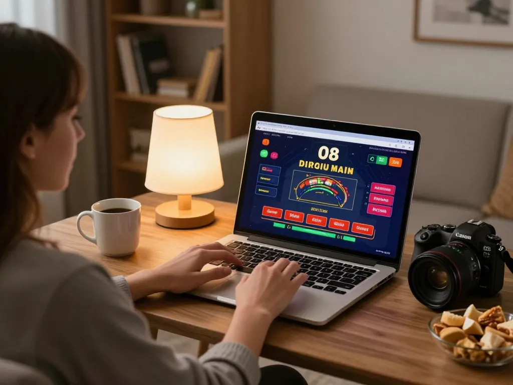 Player enjoying online casino gaming on the O8 platform, engaging with live dealer options in a cozy home setting.