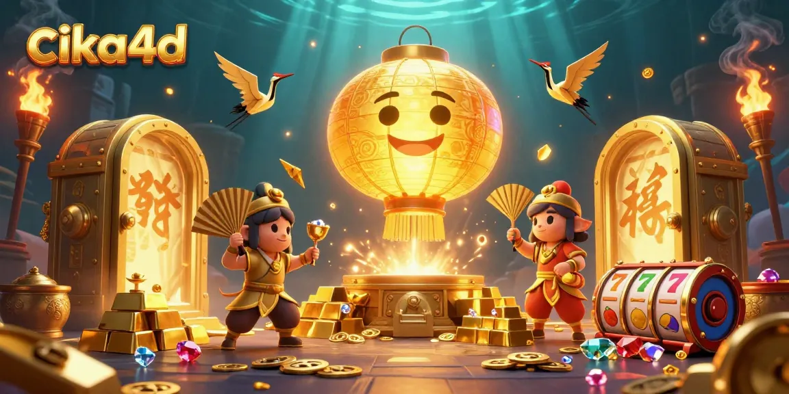 Join the excitement at cika4d with a vibrant casino scene featuring golden treasures and lucky slot symbols.