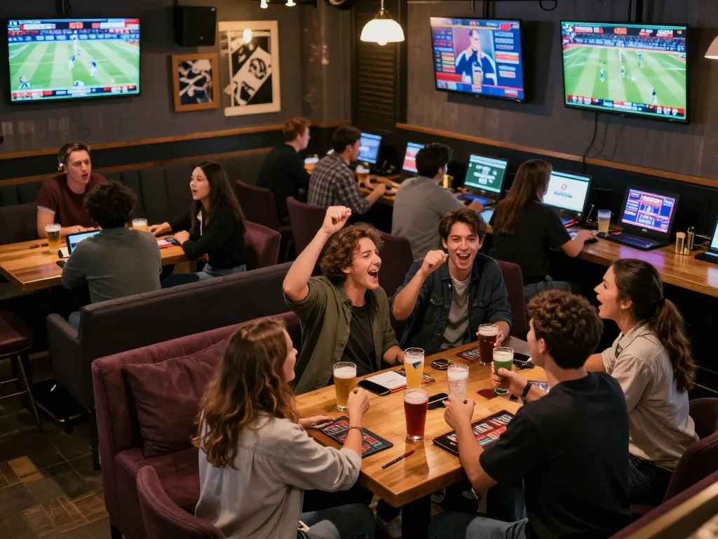 Excited bettors engaging in sports betting at TG88 live events in a vibrant sports bar atmosphere.