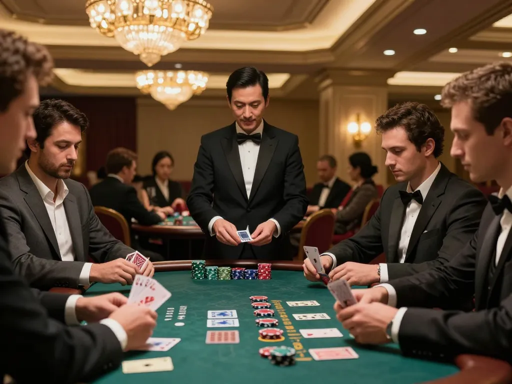 Players strategizing during a high-stakes blackjack game at LLWIN casino, showcasing intense concentration and luxury ambiance.