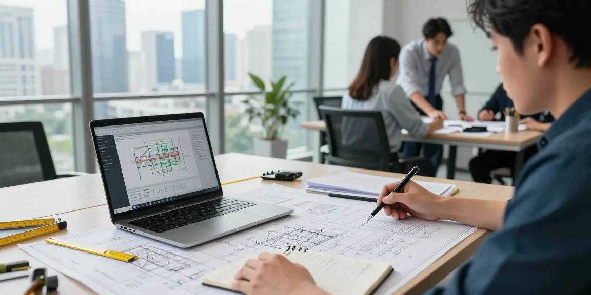 Detailed structural integrity assessment in Missouri with a licensed engineer analyzing blueprints and calculations in a modern office.