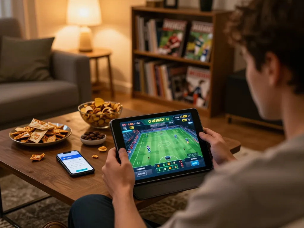 Person placing a bet on Socolive link in a cozy living room during sports event.