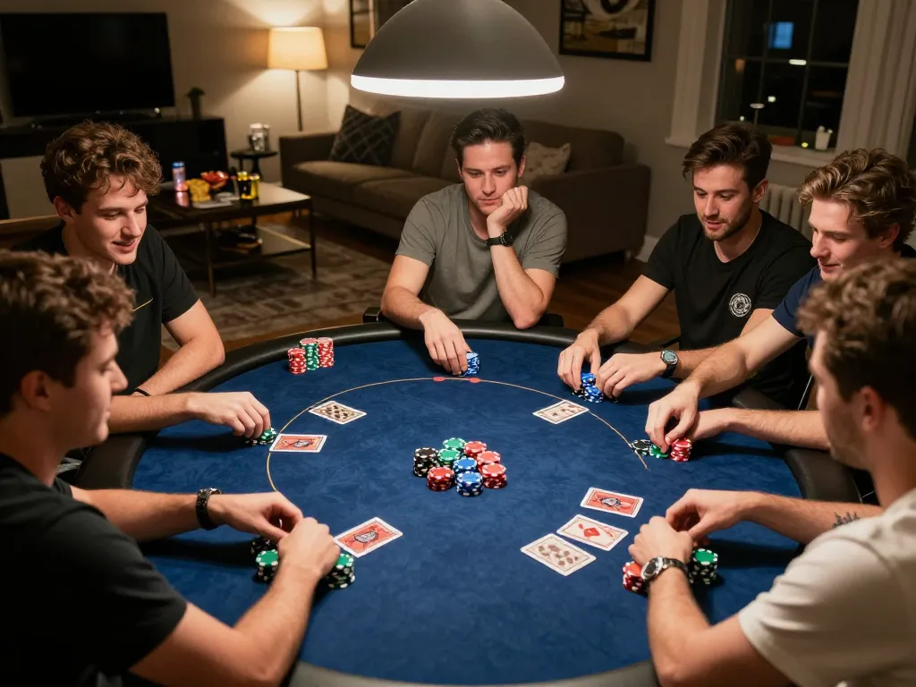 Friends enjoying a high-stakes home poker game with kkwin-themed chips and cards, emphasizing social gambling strategy