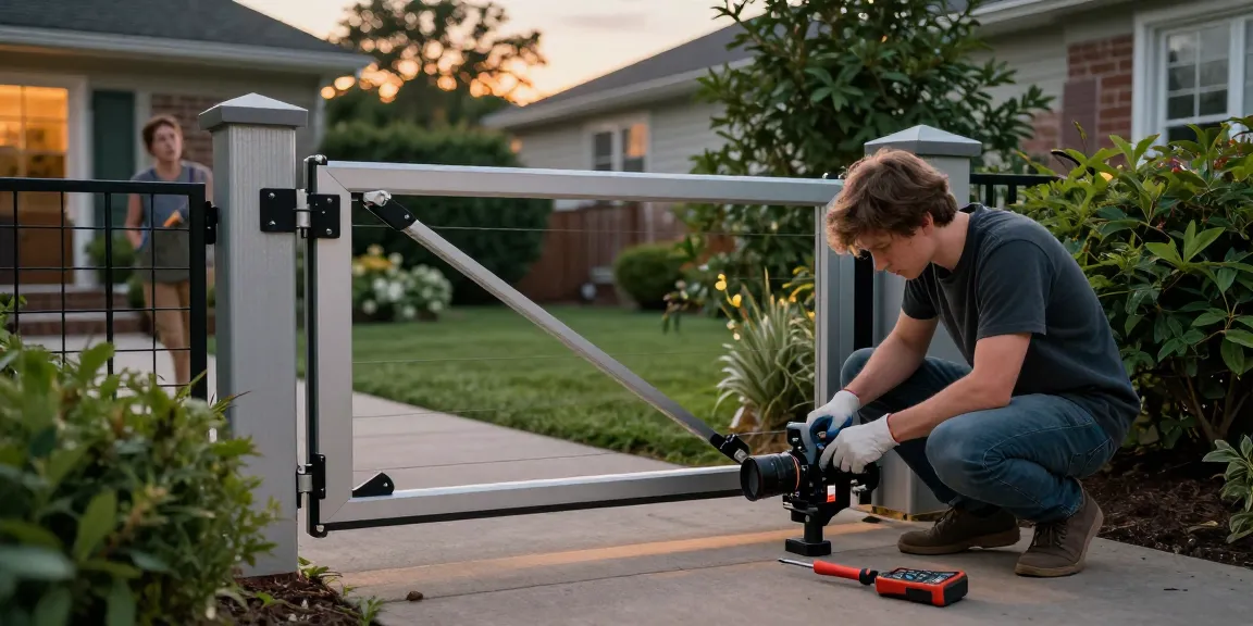 Mighty Mule gate opener common problems being diagnosed by a DIY enthusiast with tools in a serene garden setting.