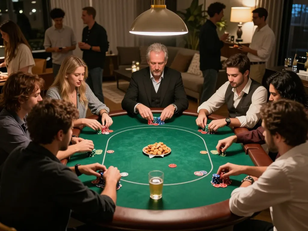 rik vip players engaging in a strategic poker game at home, showcasing dynamic gameplay.