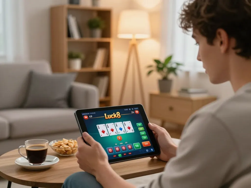 Engaging luck8 online poker game on a tablet, set in a cozy living room.