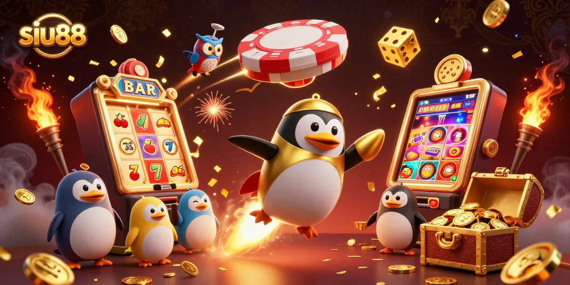 Experience the excitement of siu88 with a golden penguin racing toward a jackpot in this vibrant casino illustration.