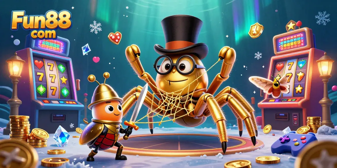 Play slots with Fun88 com featuring a whimsical scene of lively casino characters.