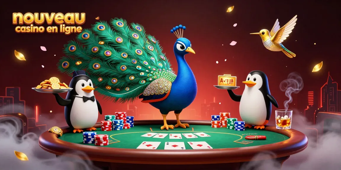 Découvrez l'attrait vibrant du nouveau casino en ligne avec un paon en cartoon et des éléments de poker.