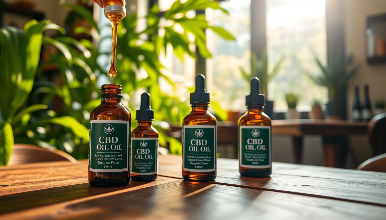 Showcasing CBD Madrid oil bottles elegantly arranged in a cozy cafe atmosphere.