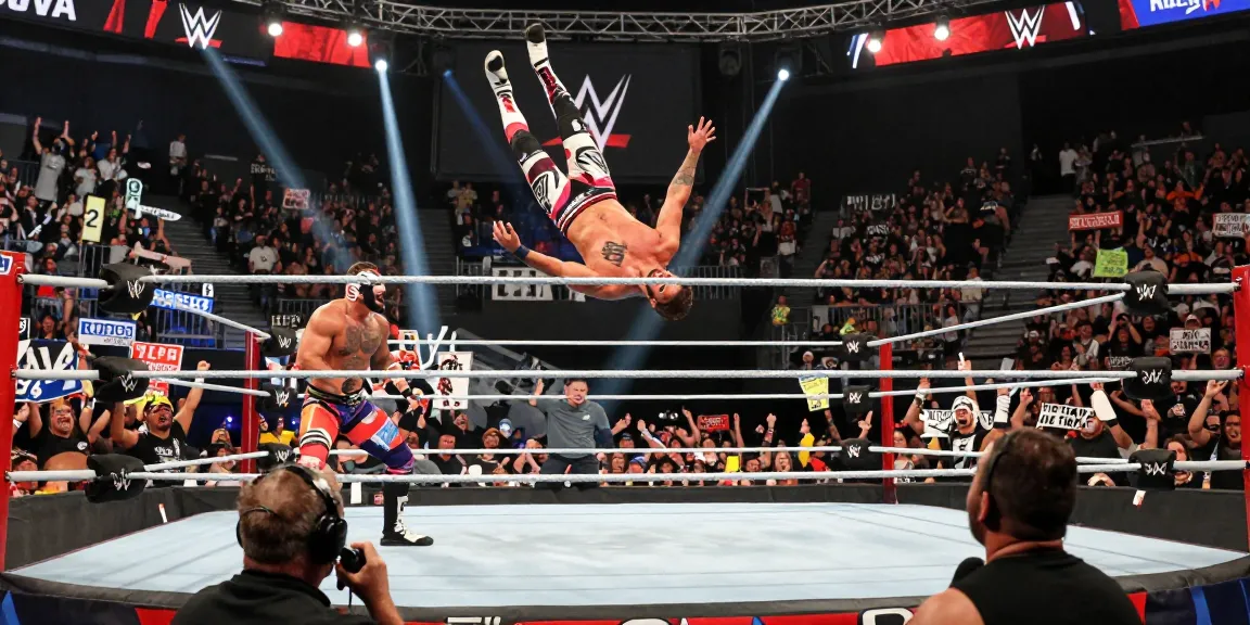 Action-packed wrestling championship match capturing stillrealtous energy and excitement in the arena.