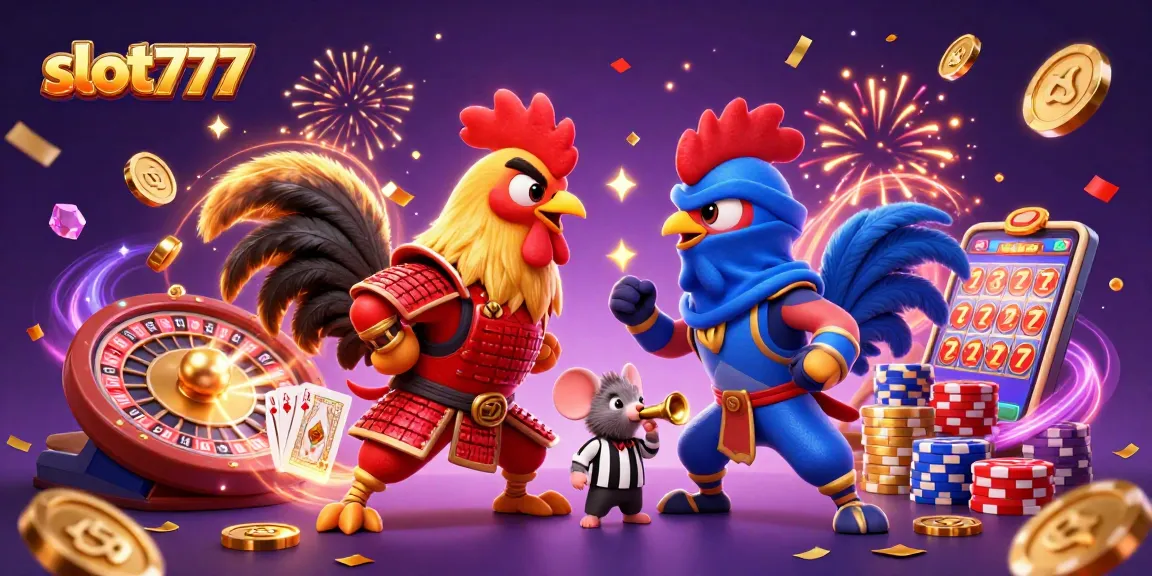 Rooster pertarungan slot777 dengan elemen kasino yang dinamis dalam ilustrasi 3D yang spektakuler.